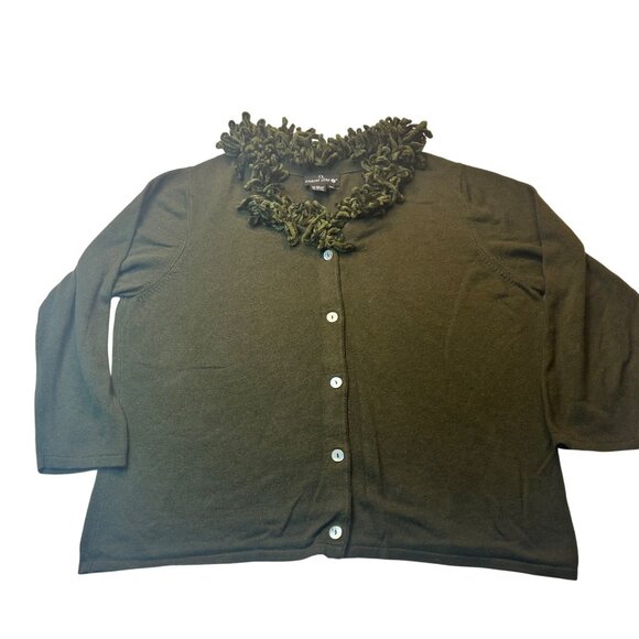 Carole Little Womens 2X Olive Knit Cardigan With Fringe Collar - Picture 1 of 6
